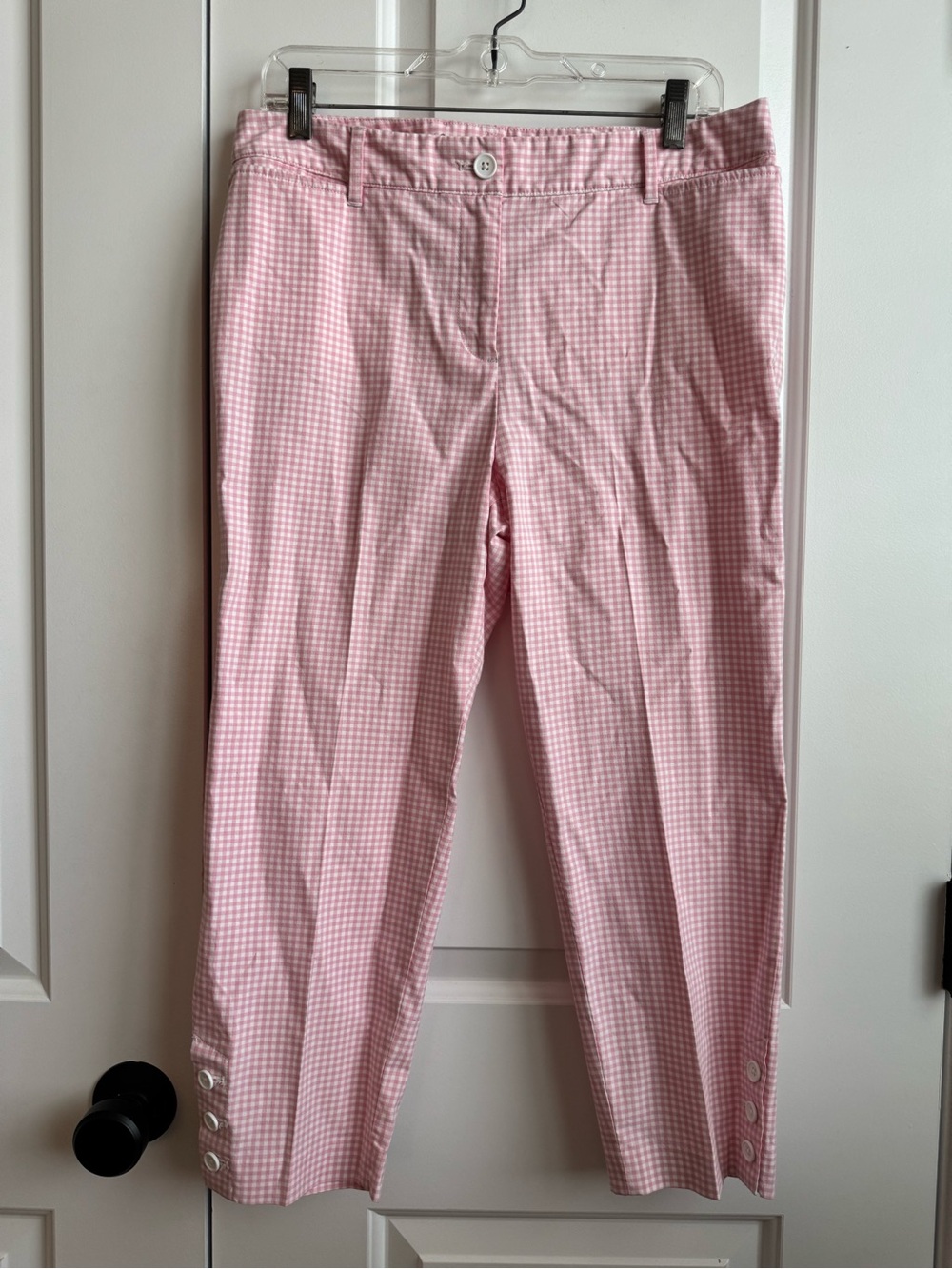 Talbots Pink Gingham Perfect Crop Pants 10P Stretch Cuff Buttons